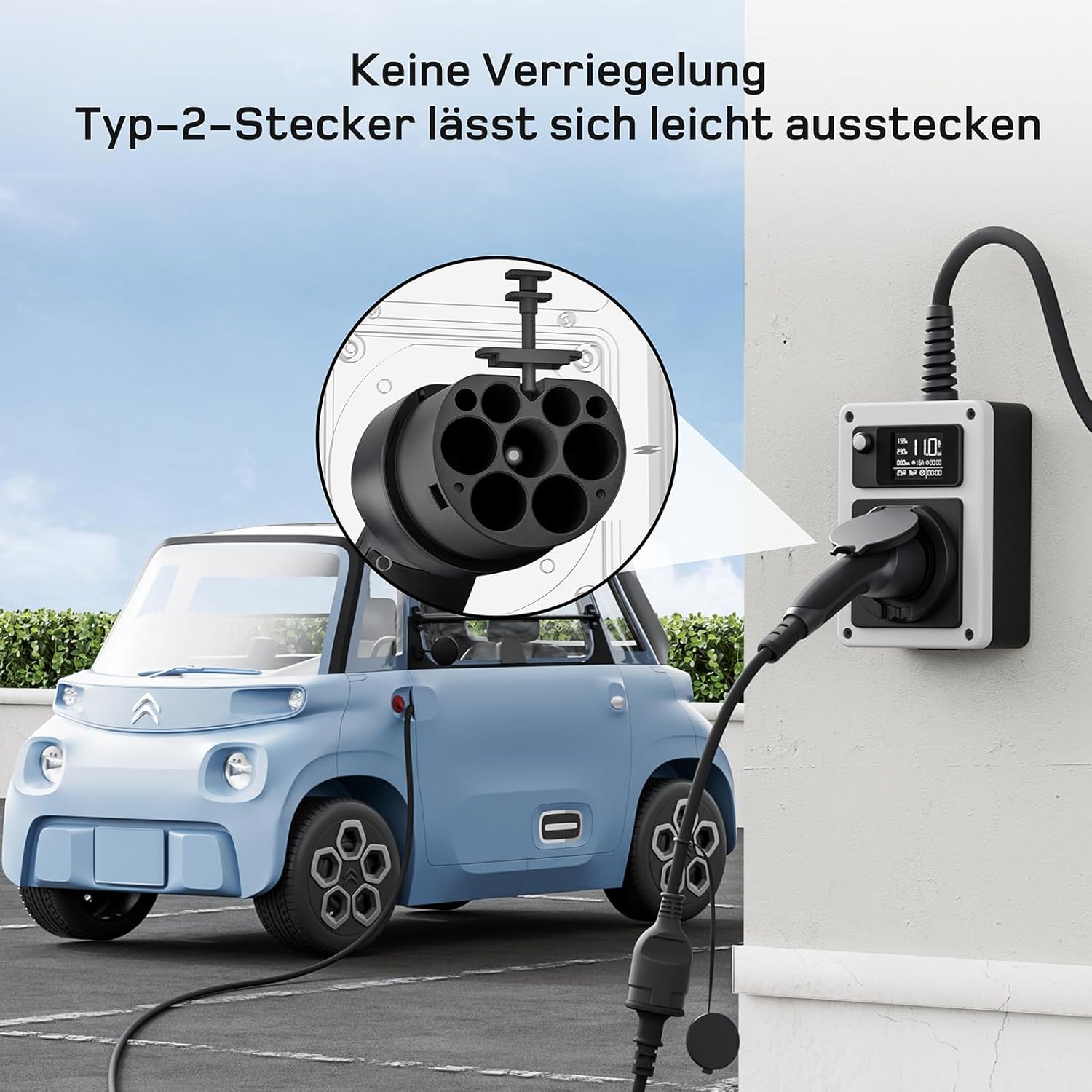 Adapter Typ 2 auf Schuko - Elektroauto Ladestecker, 16A 1.5m Einfaches Laden an Ladestationen/Wallboxen trotz Verwendung von 230V Ladegeräten für E-Bike, E-Scooter, Motorrad. IP55 Nicht für V2L