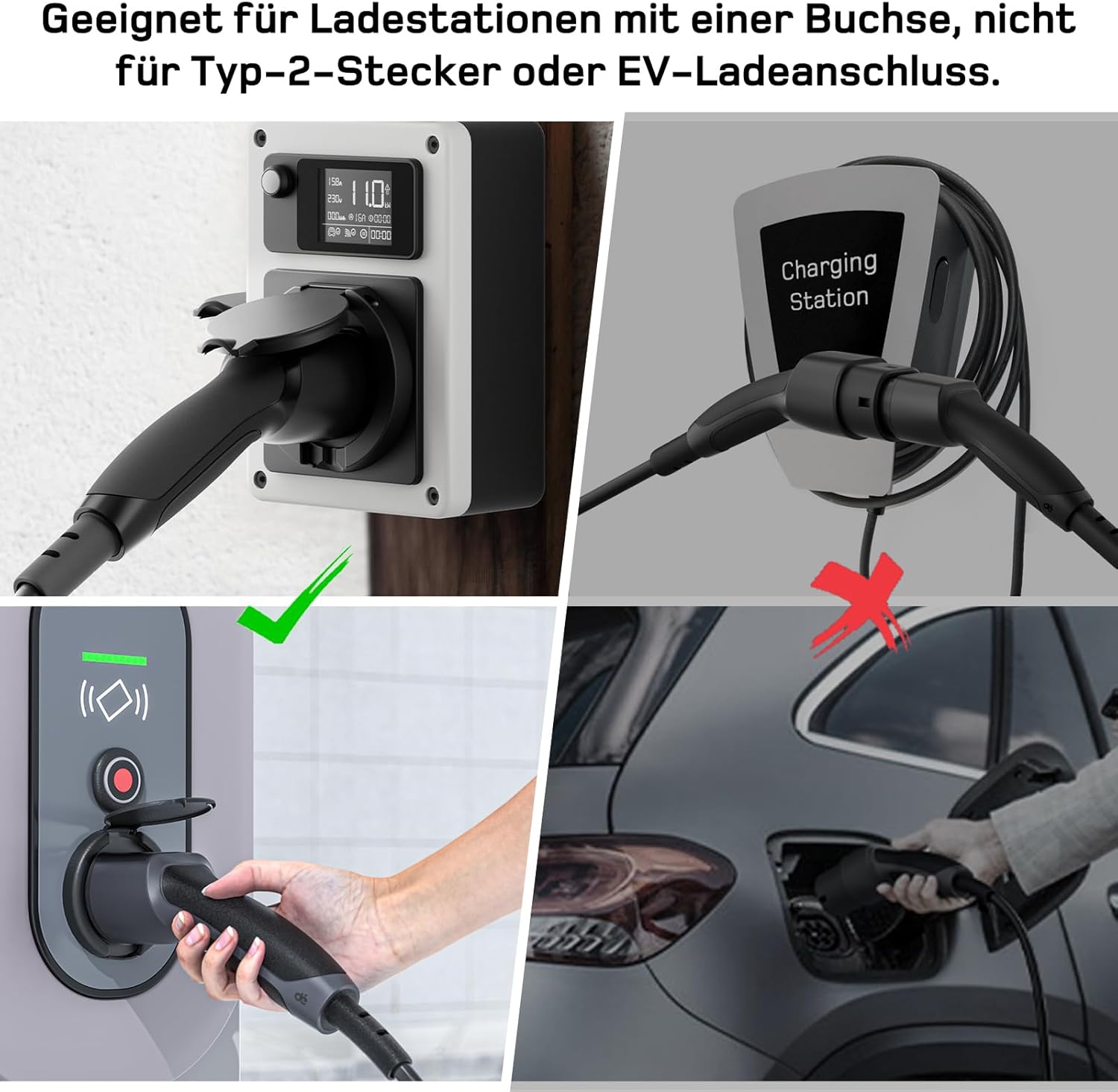 Adapter Typ 2 auf Schuko - Elektroauto Ladestecker, 16A 3m Einfaches Laden an Ladestationen/Wallboxen trotz Verwendung von 230V Ladegeräten für E-Bike, E-Scooter, Motorrad. IP55 Nicht für V2L