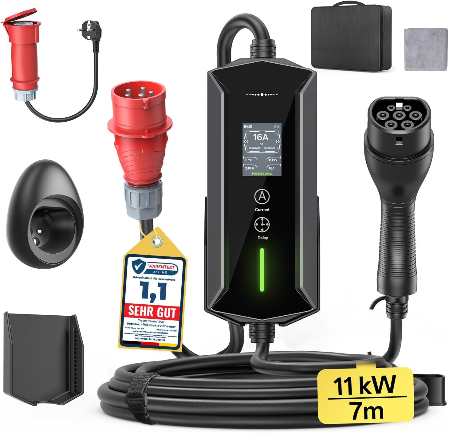 Mobile Wallbox 11kW 7M 6-16A, EV Charger mit CEE Adapter Typ 2 Ladekabel