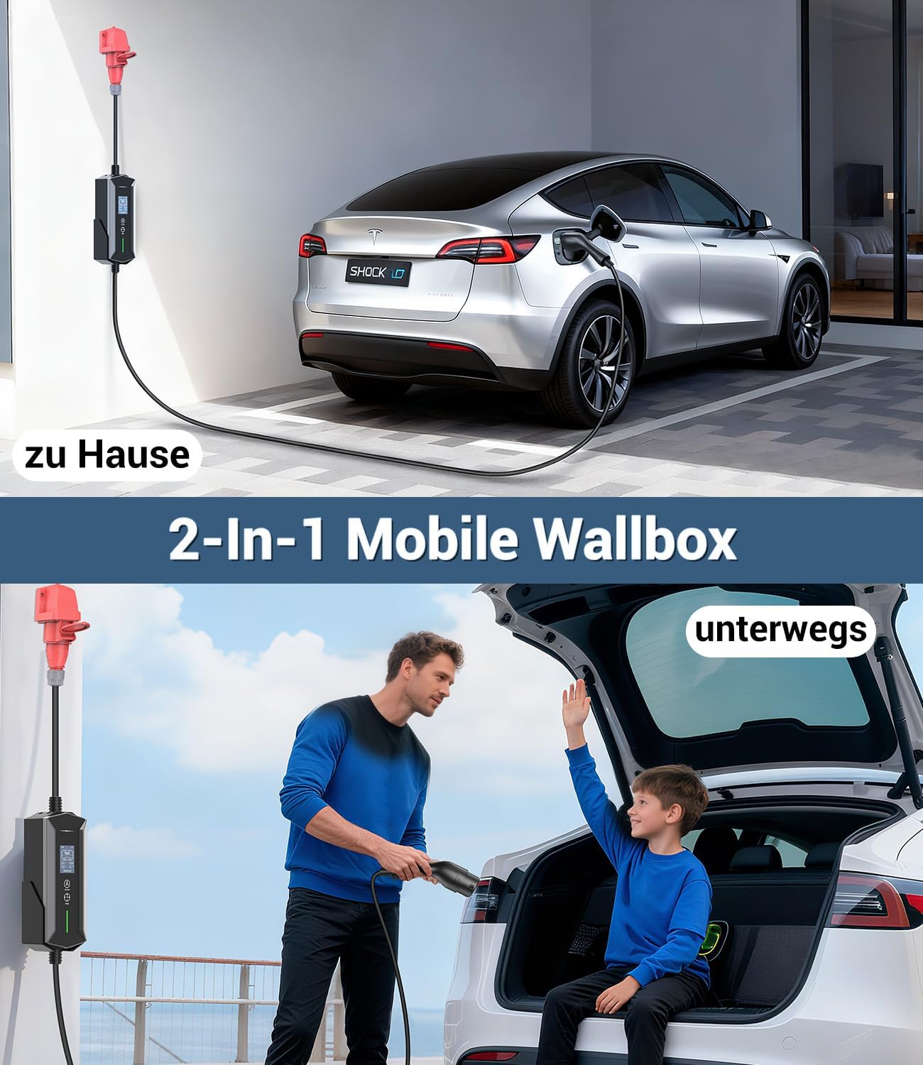 Mobile Wallbox 11kW 7M 6-16A, EV Charger mit CEE Adapter Typ 2 Ladekabel