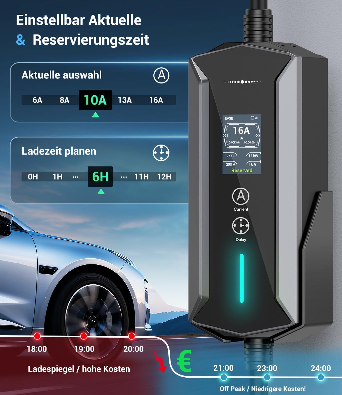 Mobile Wallbox 11kW 7M 6-16A, EV Charger mit CEE Adapter Typ 2 Ladekabel