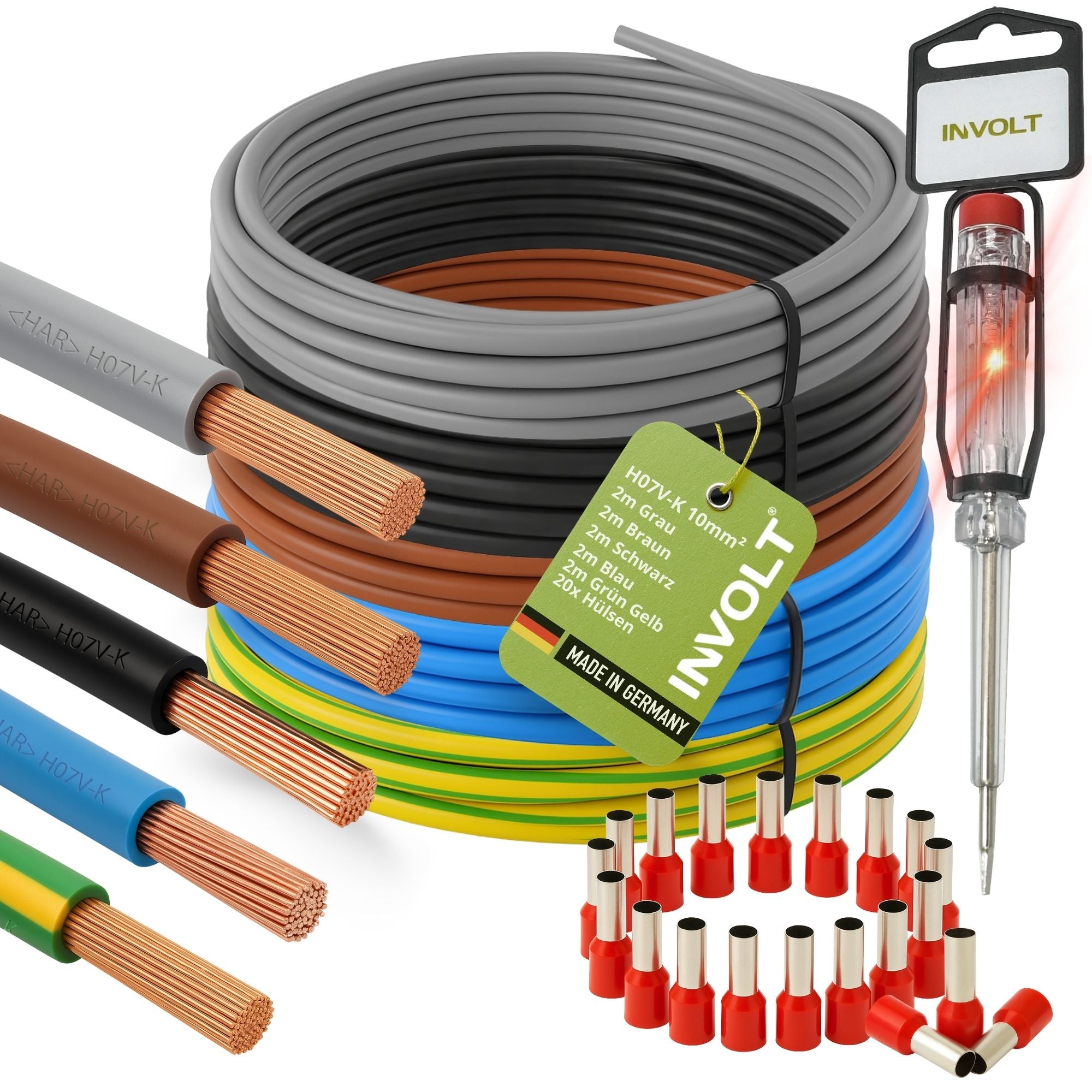 H07V-K 10 mm² Verdrahtungsleitung Set, 5x je 2m Einzelader Schwarz, Blau, Braun, Grau, Grün-Gelb + Zubehör