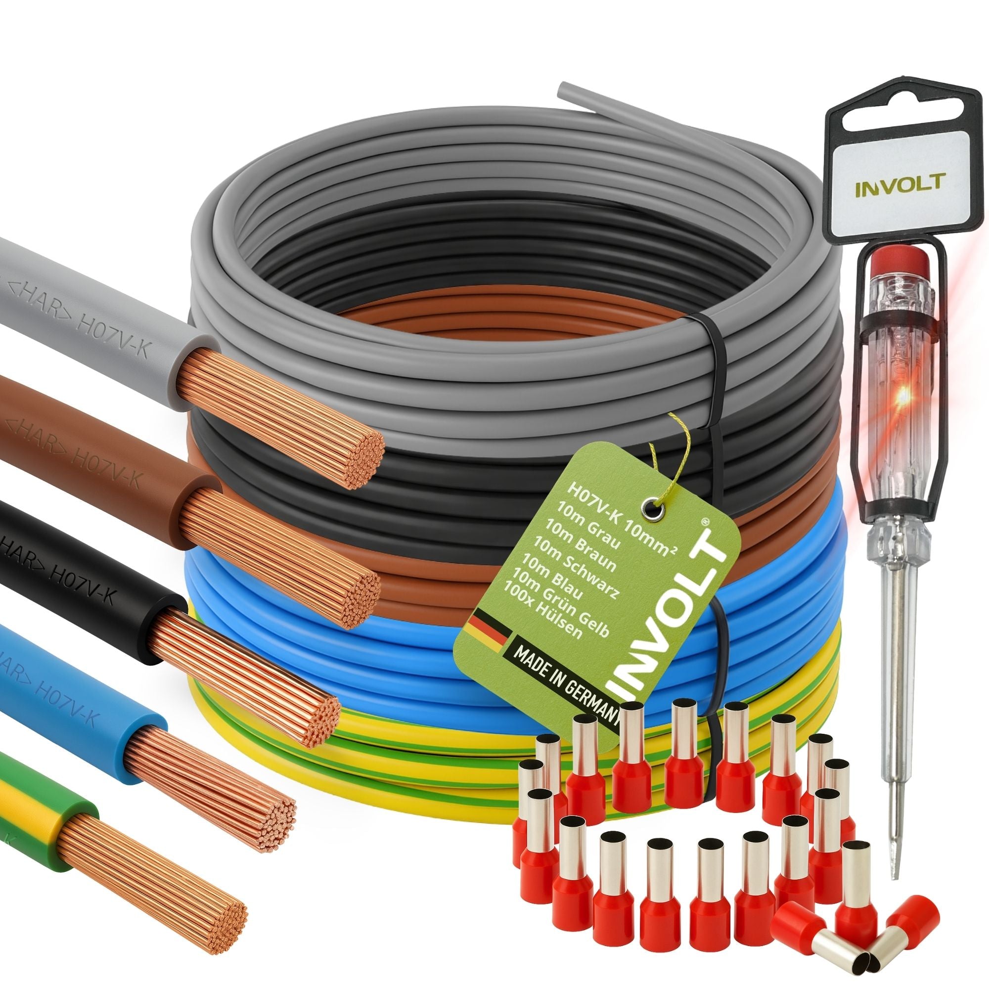 H07V-K 10 mm² Verdrahtungsleitung Set, 5x je 10m Einzelader Schwarz, Blau, Braun, Grau, Grün-Gelb + Zubehör