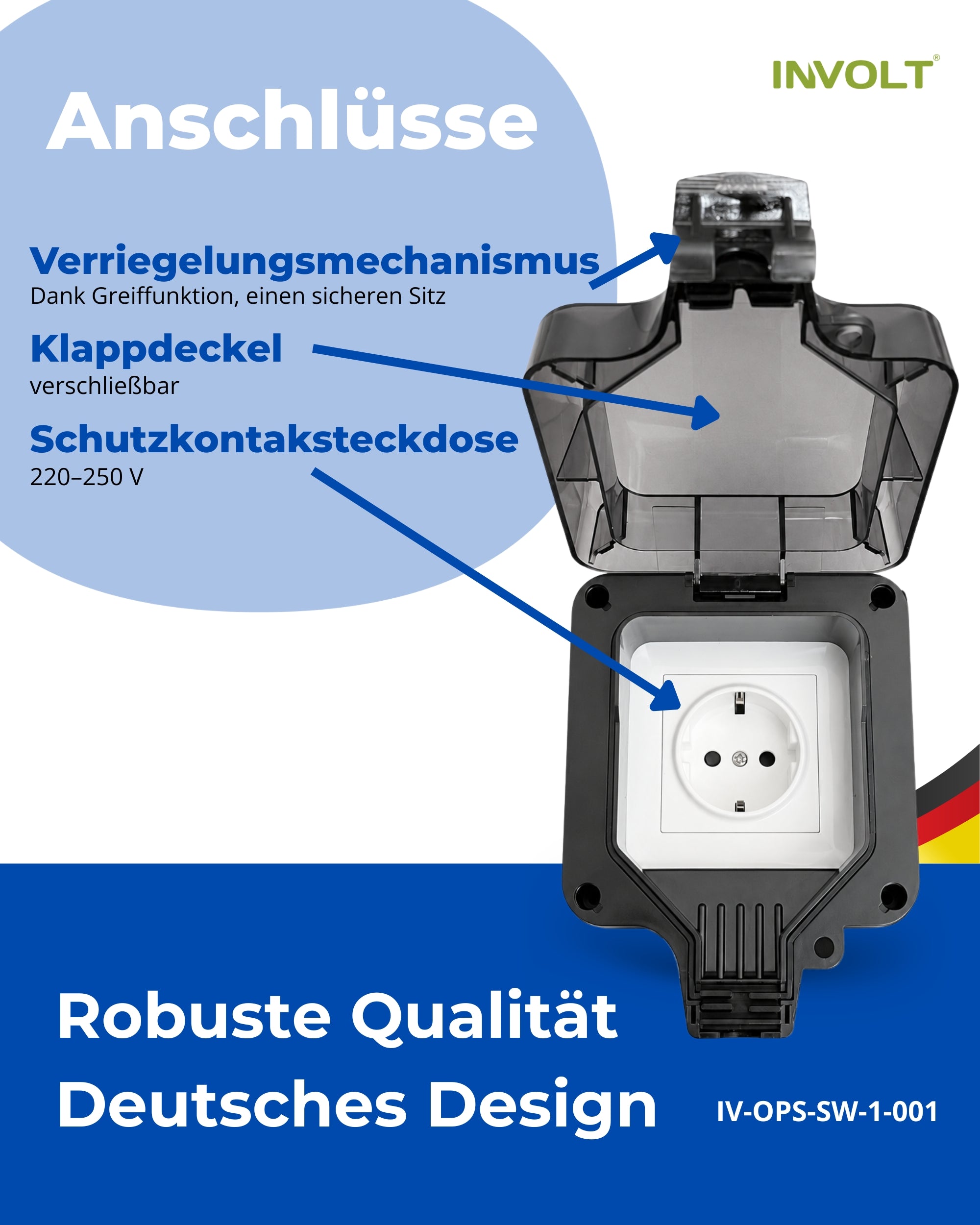 Außensteckdose-Set IP66 Schwarz IP66 Wetterfest Schutzkontakt mit Klappdeckel