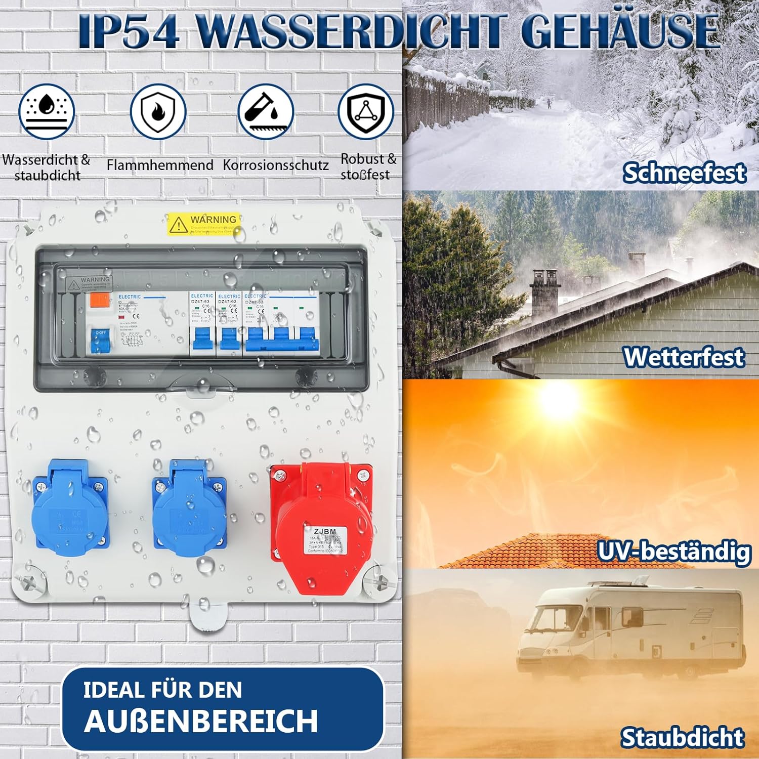 Wandverteiler 2x 230V Schuko + 1x CEE 400V 16A, IP54 Wasserdicht