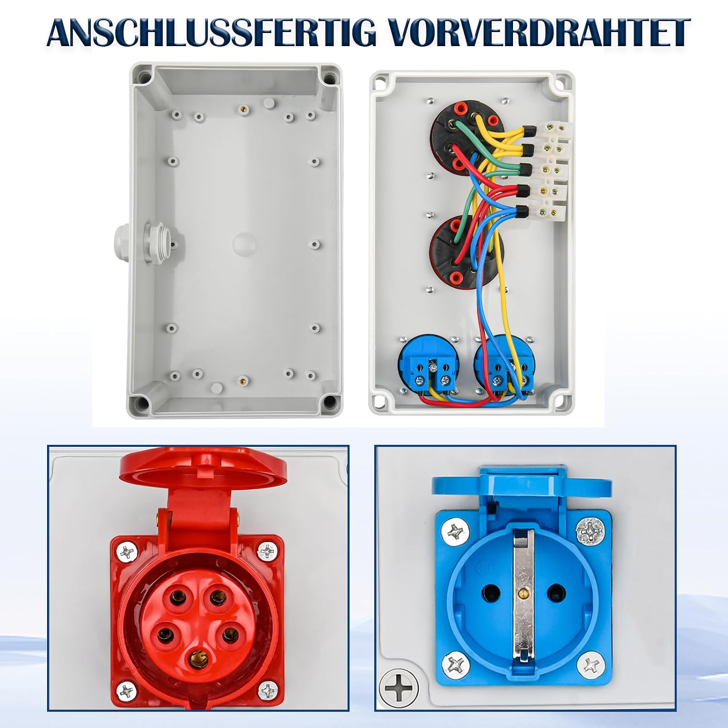Wandverteiler 2x 230V Schuko + 1x CEE 32A 400V + 1x CEE 16A 380V