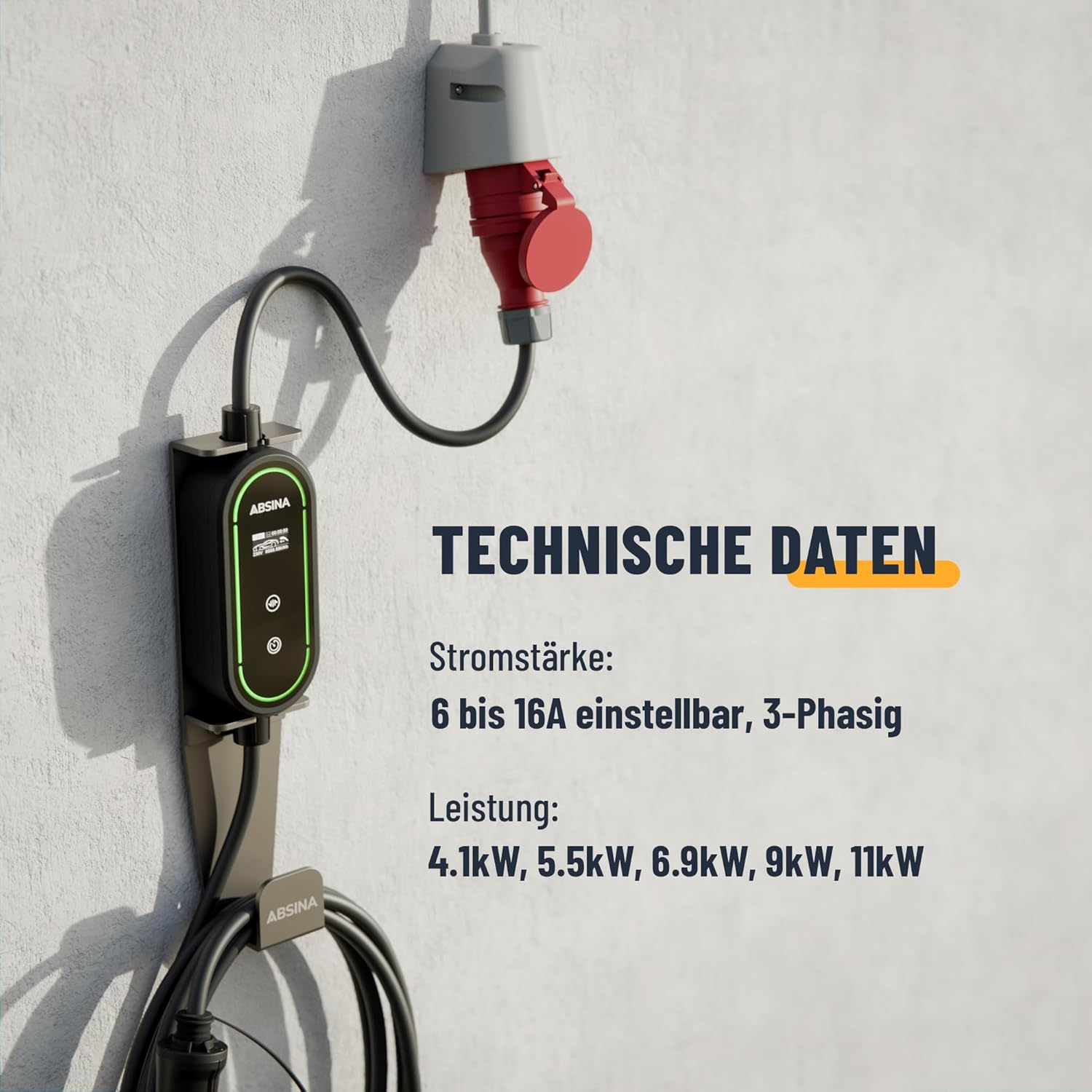 ABSINA Mobile Wallbox 11kW mit Einstellbarer Ladeleistung Typ 2