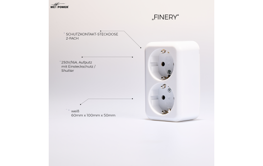 Schutzkontakt-Steckdose 2-fach McPower ''Finery'', 250V/16A,AP,Einsteckschutz,weiß