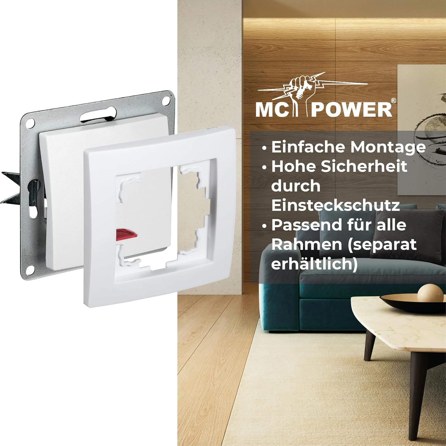 McPower Schalter | Flair | mit Orientierungsleuchte 250V~/10A UP, Unterputzschalter für Bad, Keller, Heizungsraum, Garage weiß