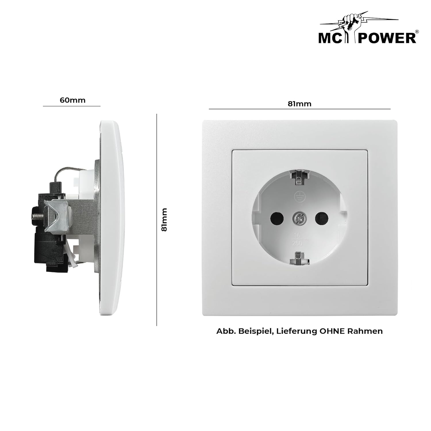McPower Schutzkontakt-Steckdose | FLAIR | 250V~/16A, UP, 1-fach Unterputzsteckdose Schraubanschluss Einzelsteckdose mit Einsteckschutz, weiß matt