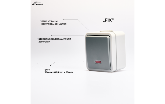 MC POWER Feuchtraum Kontroll Schalter Aufputz | Fix | Schalter Betriebslampe, Steckanschluss IP54, 250V 10A, AP grau