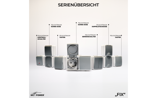 MC POWER Feuchtraum Schalter Steckdosen Set | 1x Kombi Schalter Steckdose horizontal + 2x Einszelsteckdose | Fix Heizkeller | IP54 Steckdose Lichtschalter mit Steckanschluss grau