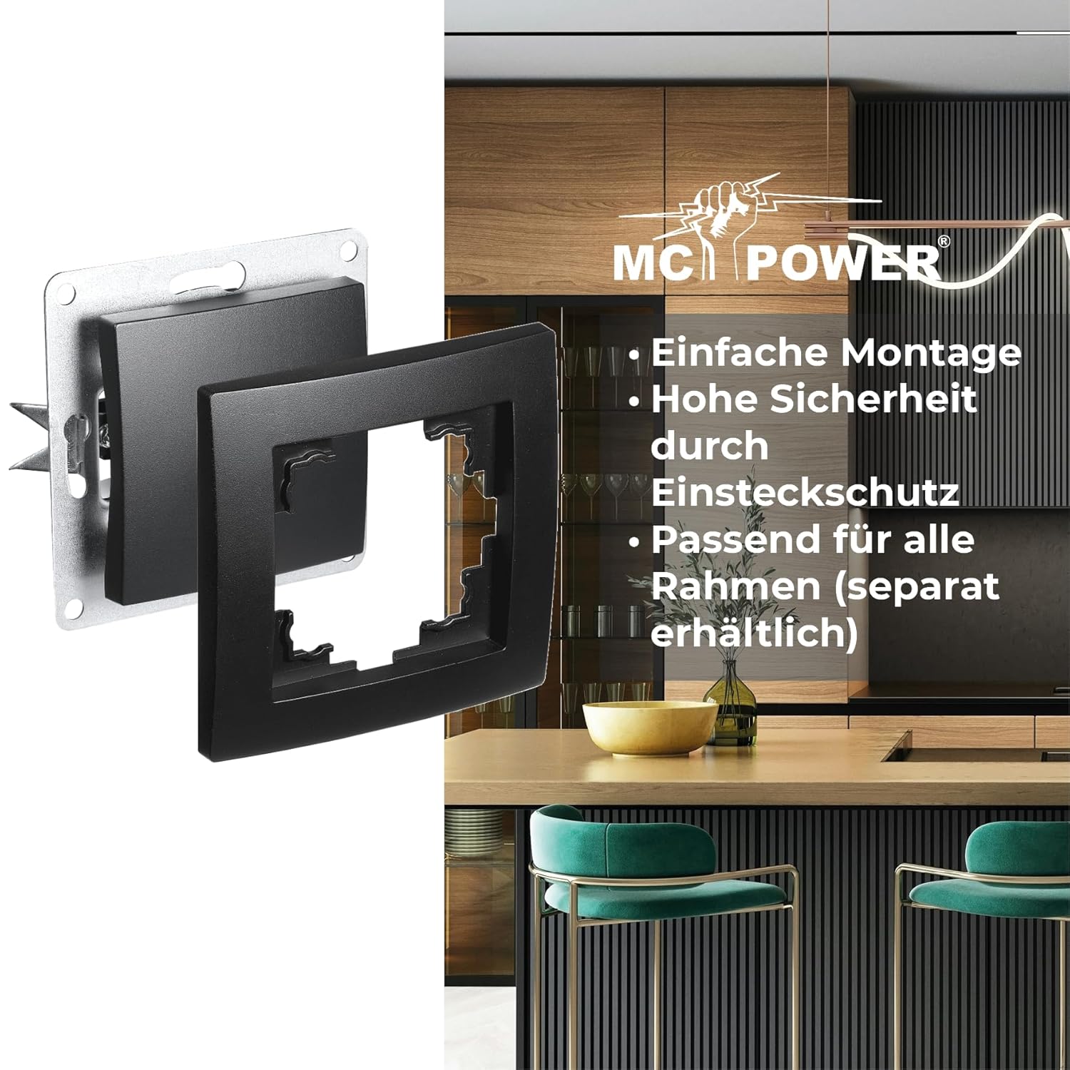 MC POWER Kreuzschalter | FLAIR | 10A Lichtschalter Unterputz 250V ein aus Schalter, Wippschalter Schraubklemmen Anschluss, matt Schwarz