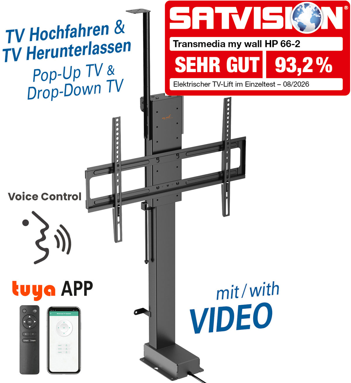 MyWall HP66-2 elektrischer TV Lift zum hochfahren & herunterlassen 37-65" Bildschirme (mit Fernbedienung, für 109-224cm TVs, max. 60kg Belastbarkeit)