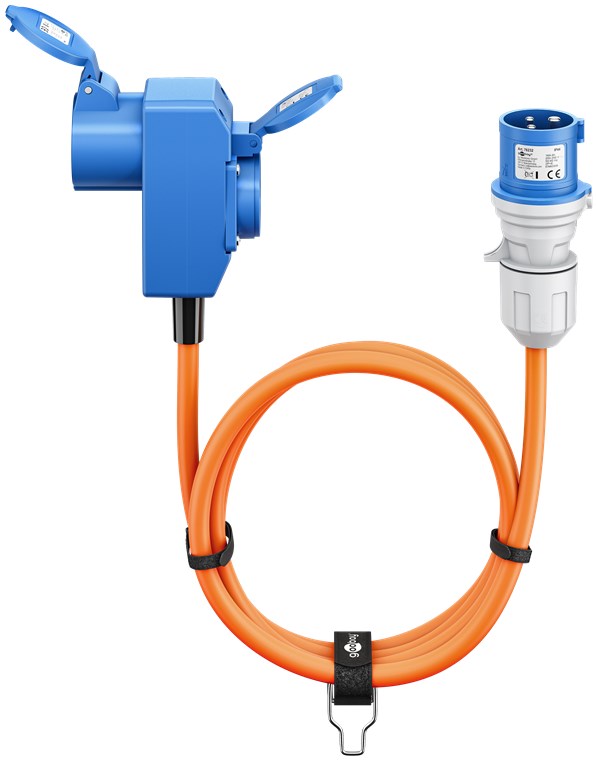 goobay CEE Adapterkabel Wohnmobil 1,5m CEE-Stecker auf 90° CEE-Kupplung und Schutzkontakt mit Verschlusskappen, Kabel für Camping, Wohnmobil und Wohnwagen
