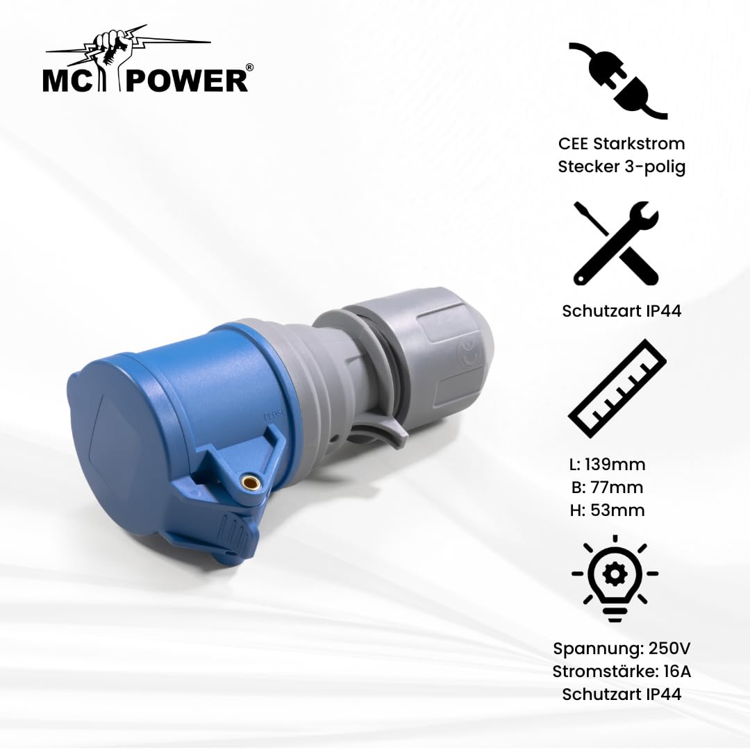 MC POWER CEE Steckdose IP44 Kupplung | 3-polig 250V, 16A Starkstrom Ladedose | Steckdose Industrie Handwerk Landwirtschaft Campingplatz