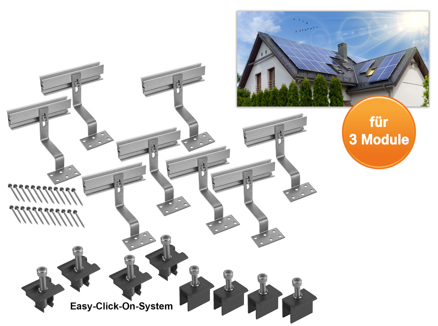 Solar Halterung Ziegeldach I Set für 3 PV Module 30-40mm I silber / schwarz I Solarmodul Halterung Balkonkraftwerk I Solarmodulbefestigungsset für Ziegeldächer aus Edelstahl