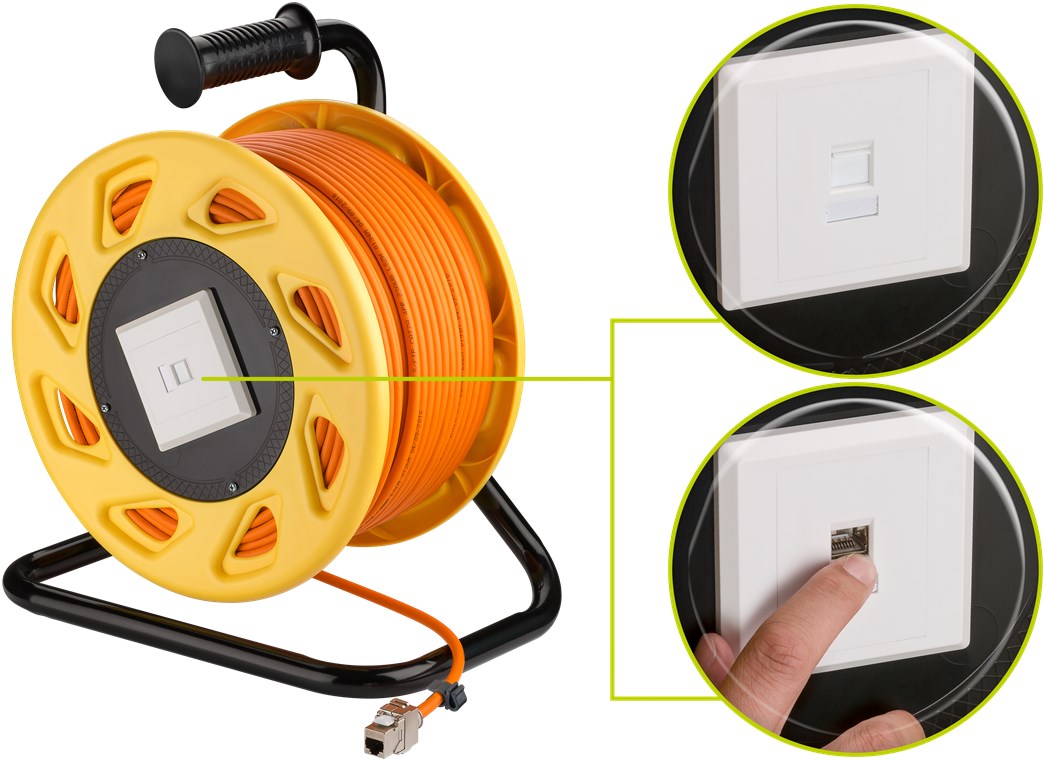 Netzwerk Kabeltrommel 90m Outdoor CAT 7A Kabel RJ45 Keystone Buchse Netzwerkkabeltrommel Netzwerkkabel Verlängerungskabel 90m Orange