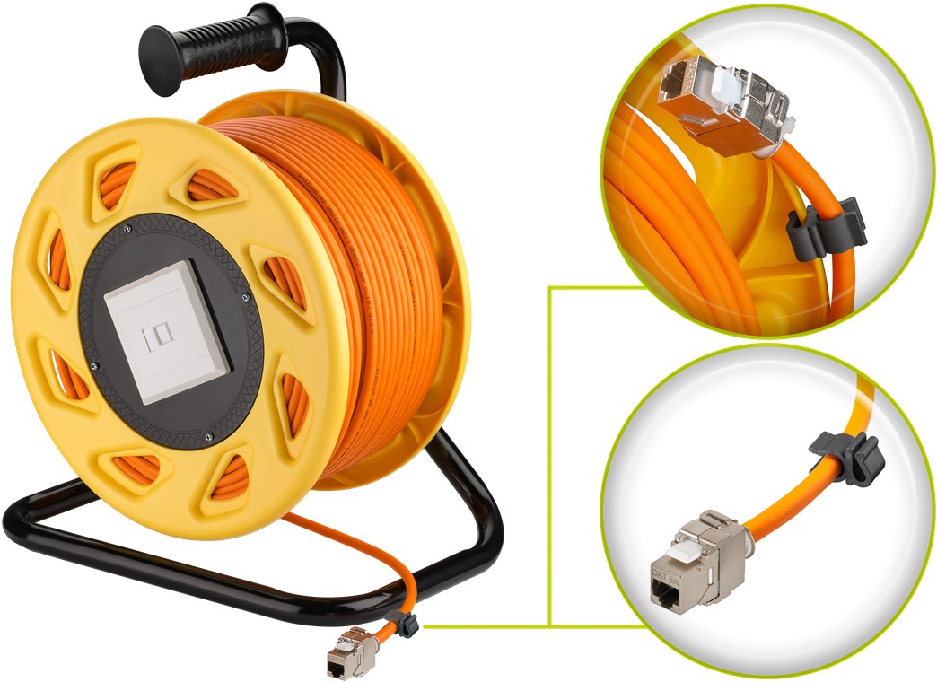 Netzwerk Kabeltrommel 90m Outdoor CAT 7A Kabel RJ45 Keystone Buchse Netzwerkkabeltrommel Netzwerkkabel Verlängerungskabel 90m Orange