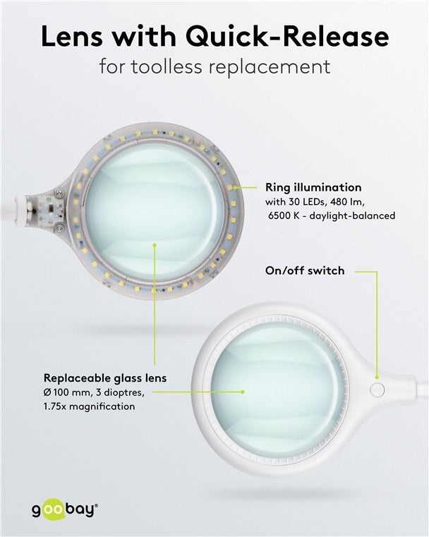 Goobay LED Lupenleuchte mit Klemme / Lupenlampe aus Plastik / 6 W Leistungsaufnahme, Farbtemperatur 6200 K / Lichtstrom 480 lm / Betriebsspannung 230 V (AC) / Weiß