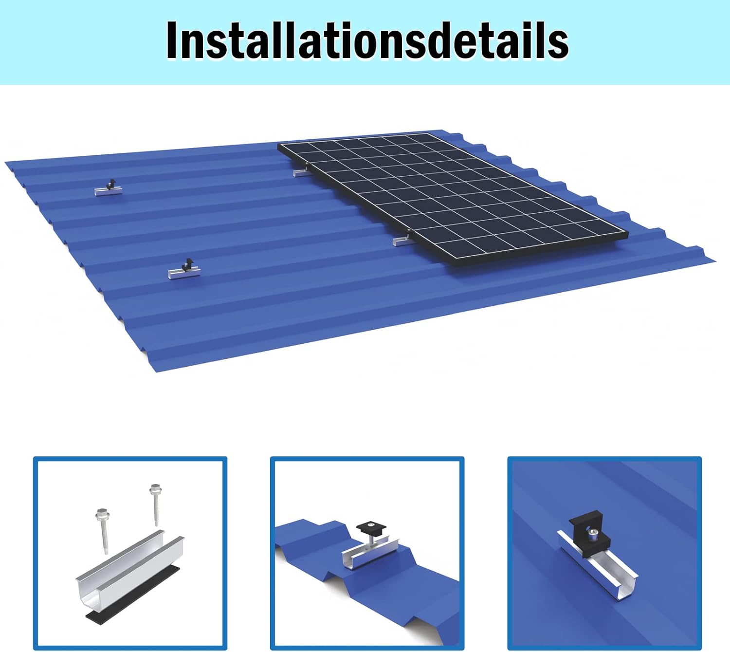 Solarmodul Halterung Flachdach, Alu Photovoltaik Montageschiene 12CM, Verstellbare Schwarz Klemme für 30-35MM Dicke Module, Solarpanel Halterung Montageset 4 Module Geeignet für Flachdach Trapezdach