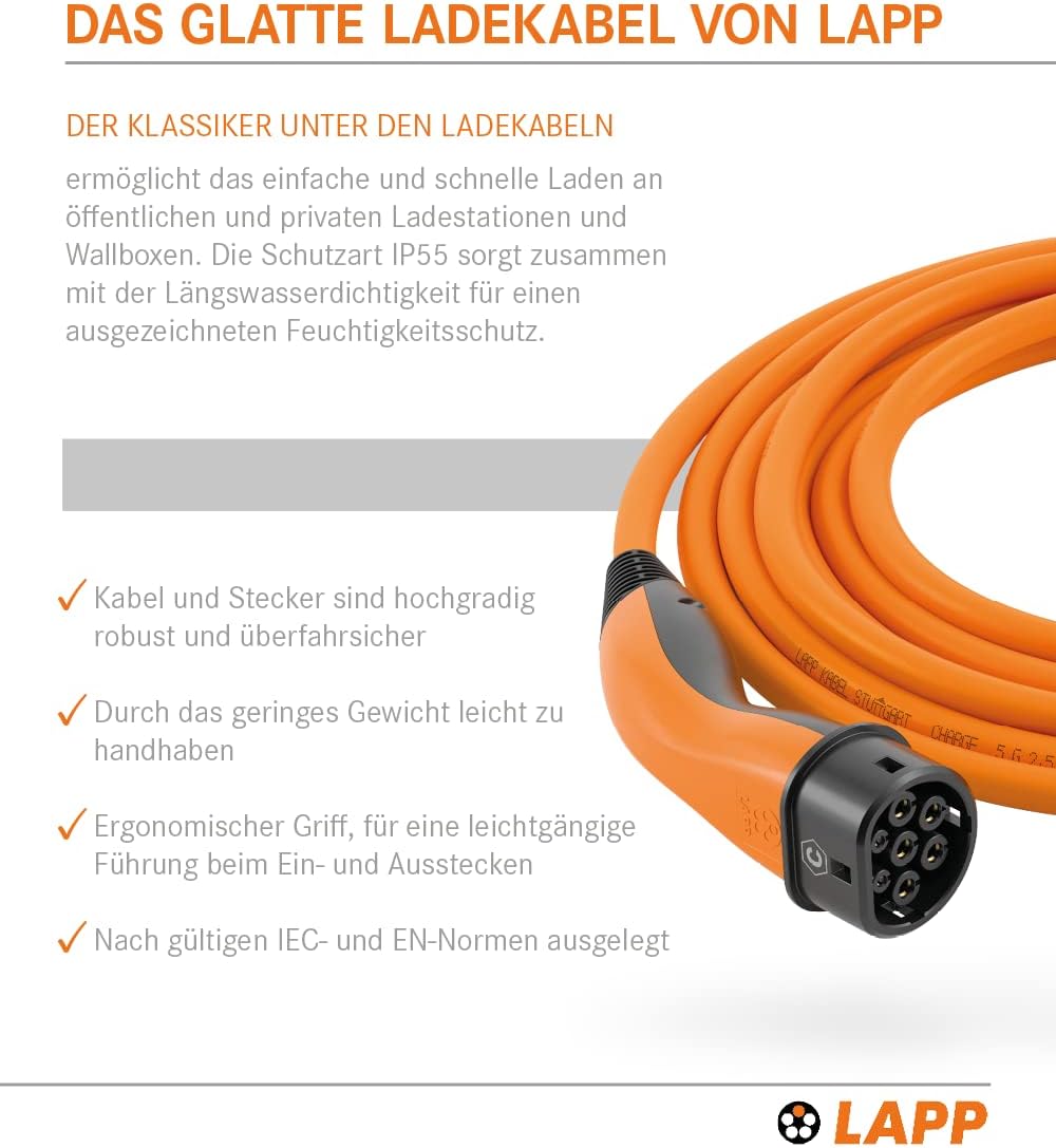 LAPP MOBILITY Typ 2 Ladekabel 11 KW 7m - 20a Ladekabel E Auto 3-Phasig - IP55 geschütztes Ladekabel Mode 3 - Ladekabel Typ 2 mit korrosionsresistenten Steckkontakten - geeignet für PHEV, BEV & EV