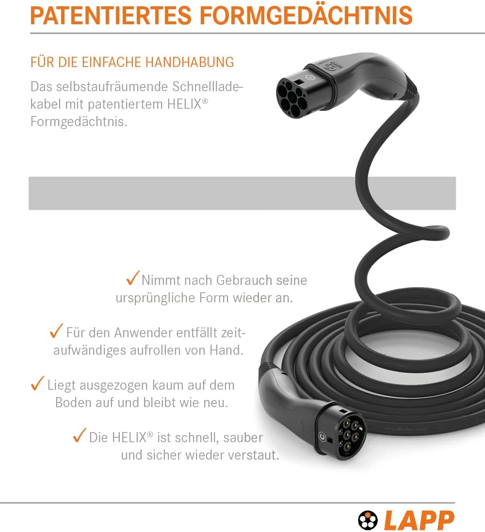 Lapp Mobility Helix Typ 2 Ladekabel 11 kW / Selbstaufrollend / 20 A / 3-Phasig / E-Auto Ladekabel / Mode 3 / 5m, Schwarz