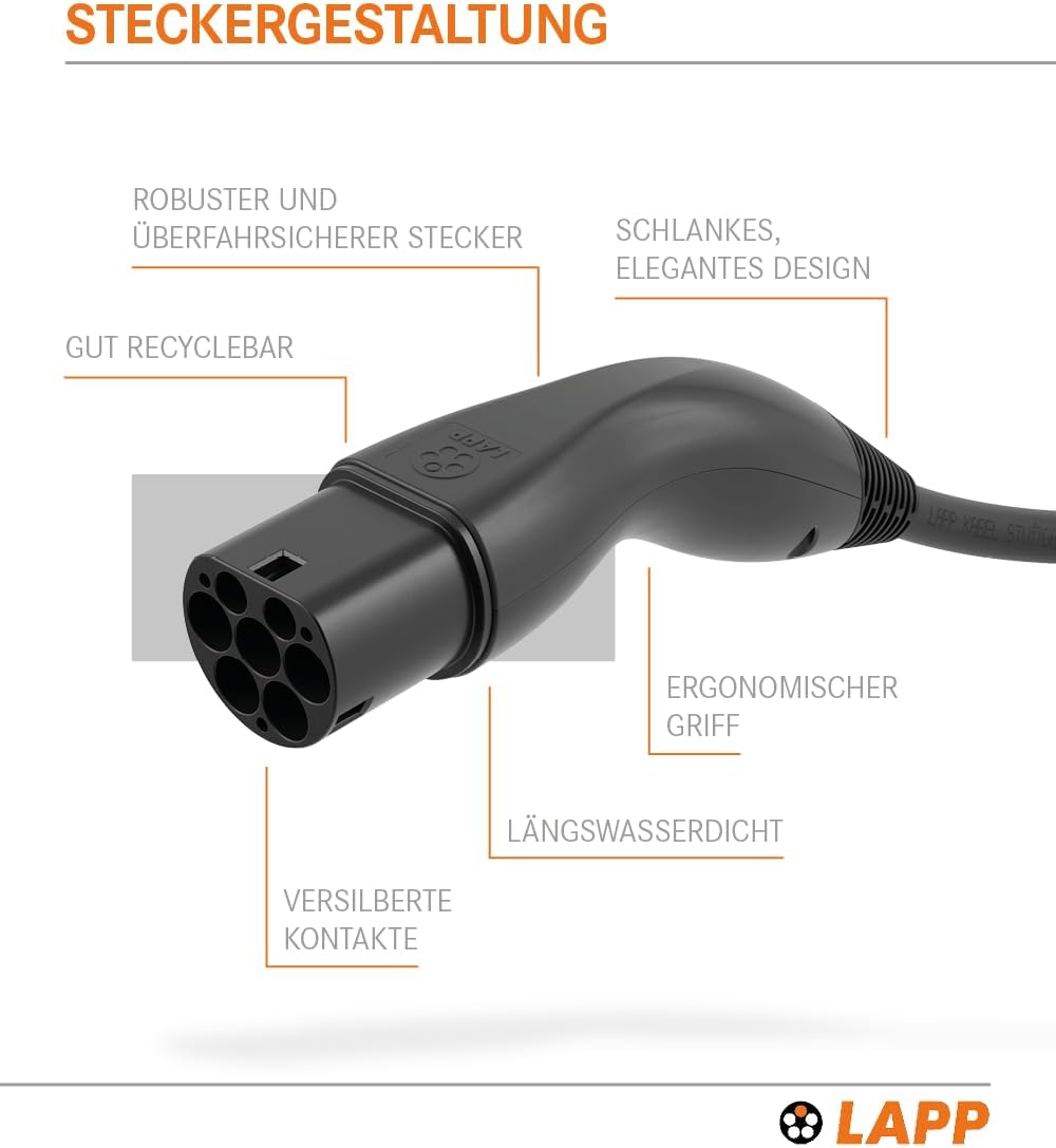 Lapp Mobility Helix Typ 2 Ladekabel 11 kW / Selbstaufrollend / 20 A / 3-Phasig / E-Auto Ladekabel / Mode 3 / 5m, Schwarz