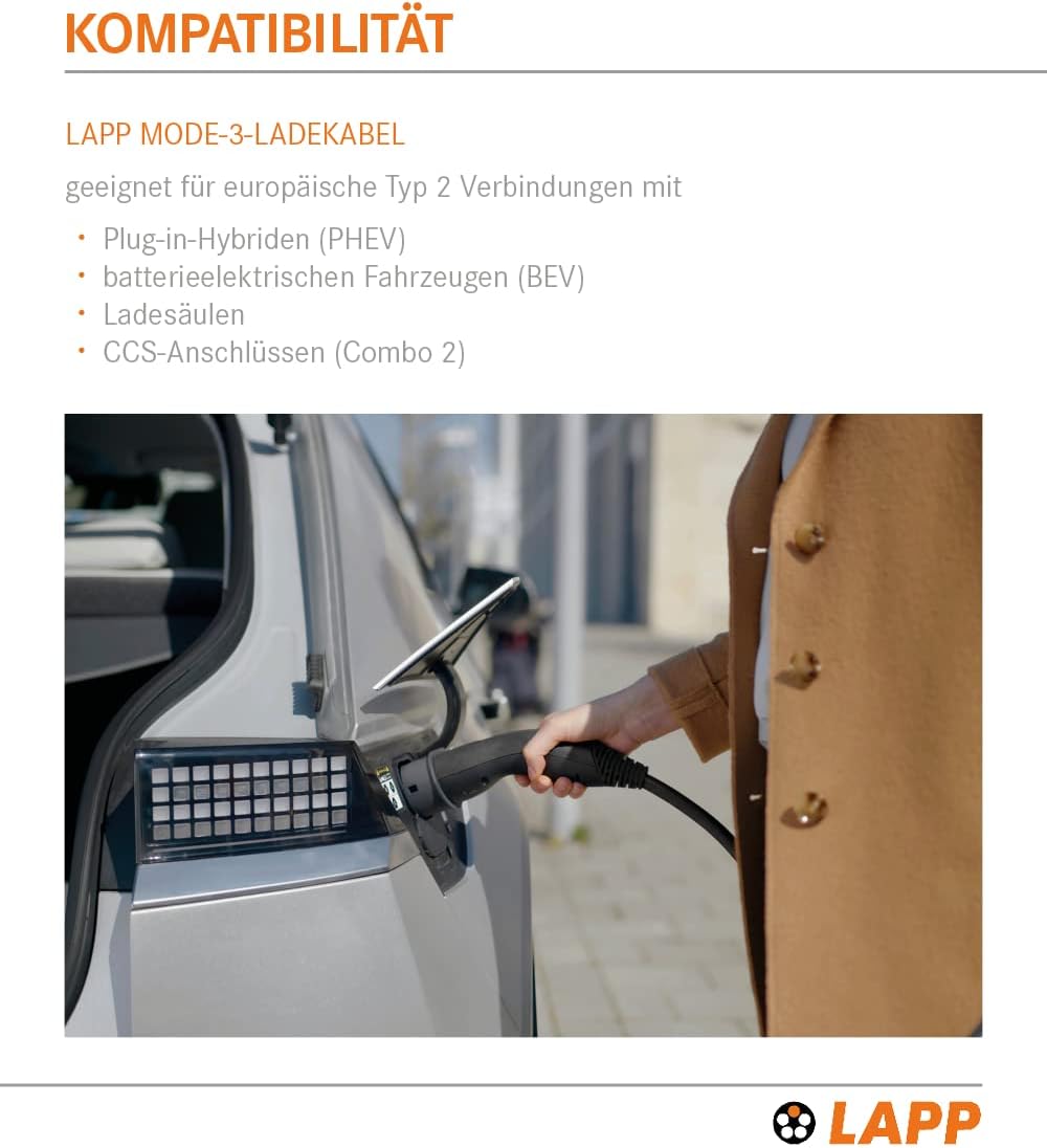 Lapp Mobility Helix Typ 2 Ladekabel 11 kW / Selbstaufrollend / 20 A / 3-Phasig / E-Auto Ladekabel / Mode 3 / 5m, Schwarz