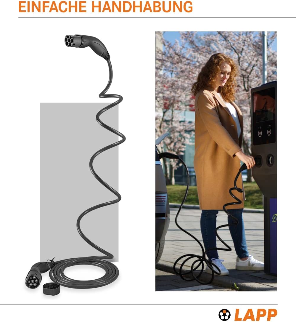 Lapp Mobility Helix Typ 2 Ladekabel 11 kW / Selbstaufrollend / 20 A / 3-Phasig / E-Auto Ladekabel / Mode 3 / 5m, Schwarz