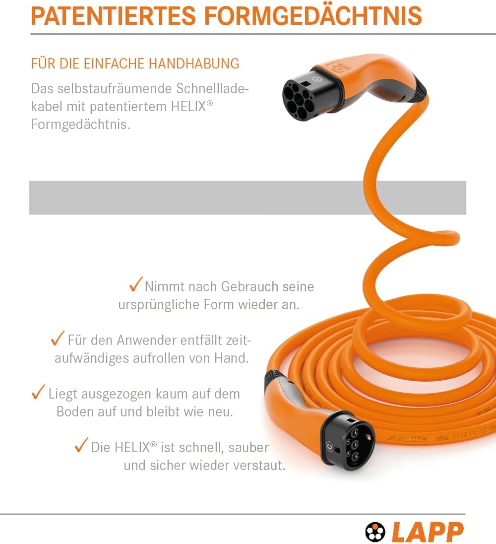 Lapp Mobility Helix Typ 2 Ladekabel 7,4 kW / Selbstaufrollend / 32 A / 1-Phasig / E-Auto Ladekabel / Mode 3 / 5m, Orange