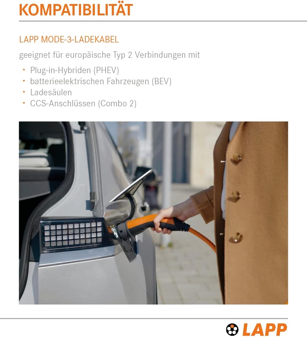 Lapp Mobility Helix Typ 2 Ladekabel 7,4 kW / Selbstaufrollend / 32 A / 1-Phasig / E-Auto Ladekabel / Mode 3 / 5m, Orange