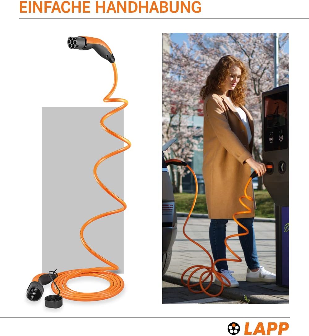 Lapp Mobility Helix Typ 2 Ladekabel 7,4 kW / Selbstaufrollend / 32 A / 1-Phasig / E-Auto Ladekabel / Mode 3 / 5m, Orange