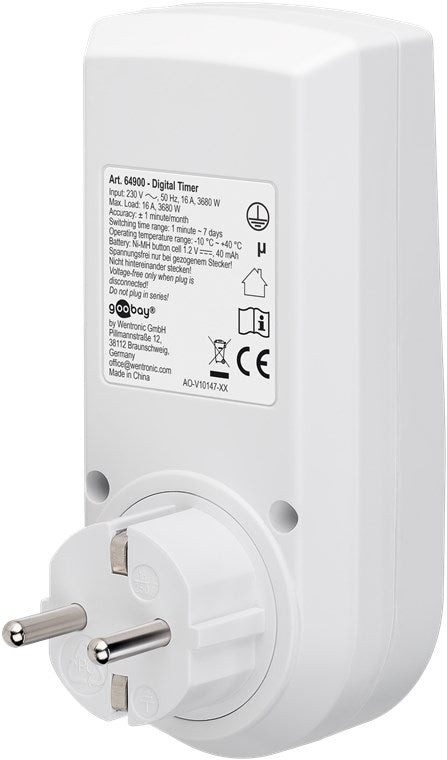Zeitschaltuhr digital mit 16 Programmen - Zeitschaltuhr Steckdose mit Zufallsmodus zum Einbruchschutz - Timer Steckdose inkl. 100 Tage Back-up Akku - 3680W - 230V (AC) - 16A