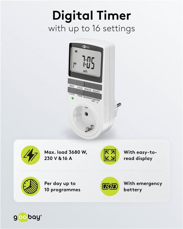 Zeitschaltuhr digital mit 16 Programmen - Zeitschaltuhr Steckdose mit Zufallsmodus zum Einbruchschutz - Timer Steckdose inkl. 100 Tage Back-up Akku - 3680W - 230V (AC) - 16A