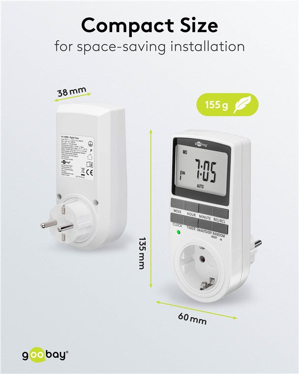 Zeitschaltuhr digital mit 16 Programmen - Zeitschaltuhr Steckdose mit Zufallsmodus zum Einbruchschutz - Timer Steckdose inkl. 100 Tage Back-up Akku - 3680W - 230V (AC) - 16A