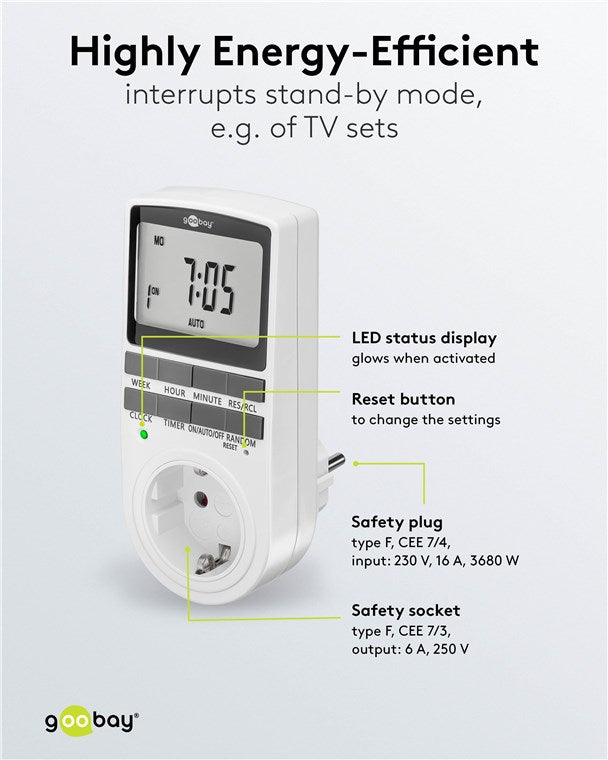 Zeitschaltuhr digital mit 16 Programmen - Zeitschaltuhr Steckdose mit Zufallsmodus zum Einbruchschutz - Timer Steckdose inkl. 100 Tage Back-up Akku - 3680W - 230V (AC) - 16A