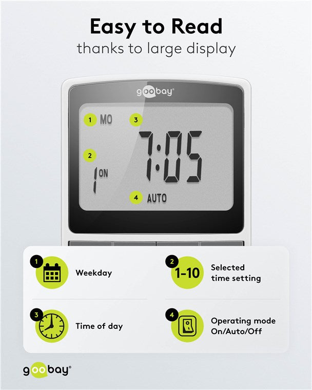 Zeitschaltuhr digital mit 16 Programmen - Zeitschaltuhr Steckdose mit Zufallsmodus zum Einbruchschutz - Timer Steckdose inkl. 100 Tage Back-up Akku - 3680W - 230V (AC) - 16A