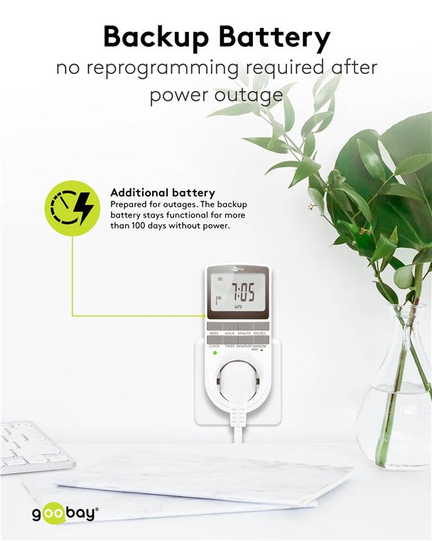 Zeitschaltuhr digital mit 16 Programmen - Zeitschaltuhr Steckdose mit Zufallsmodus zum Einbruchschutz - Timer Steckdose inkl. 100 Tage Back-up Akku - 3680W - 230V (AC) - 16A