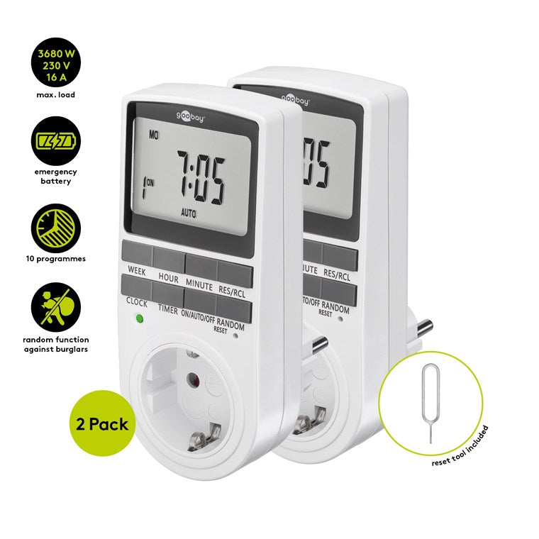 2er-Set Zeitschaltuhr digital mit 16 Programmen - Zeitschaltuhr Steckdose mit Zufallsmodus zum Einbruchschutz - Timer Steckdose inkl. 100 Tage Back-up Akku - 3680W - 230V (AC) - 16A