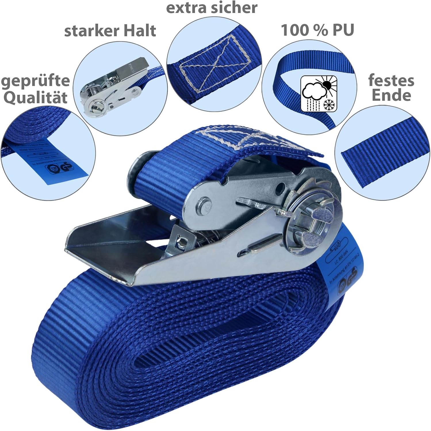Spanngurt mit Ratsche Zurrgurt 4er Set Ratschengurt DIN EN 12195-2 blau, 25 mm breit - belastbar bis 800 kg, 4er Pack 2.5 cm x 6 m