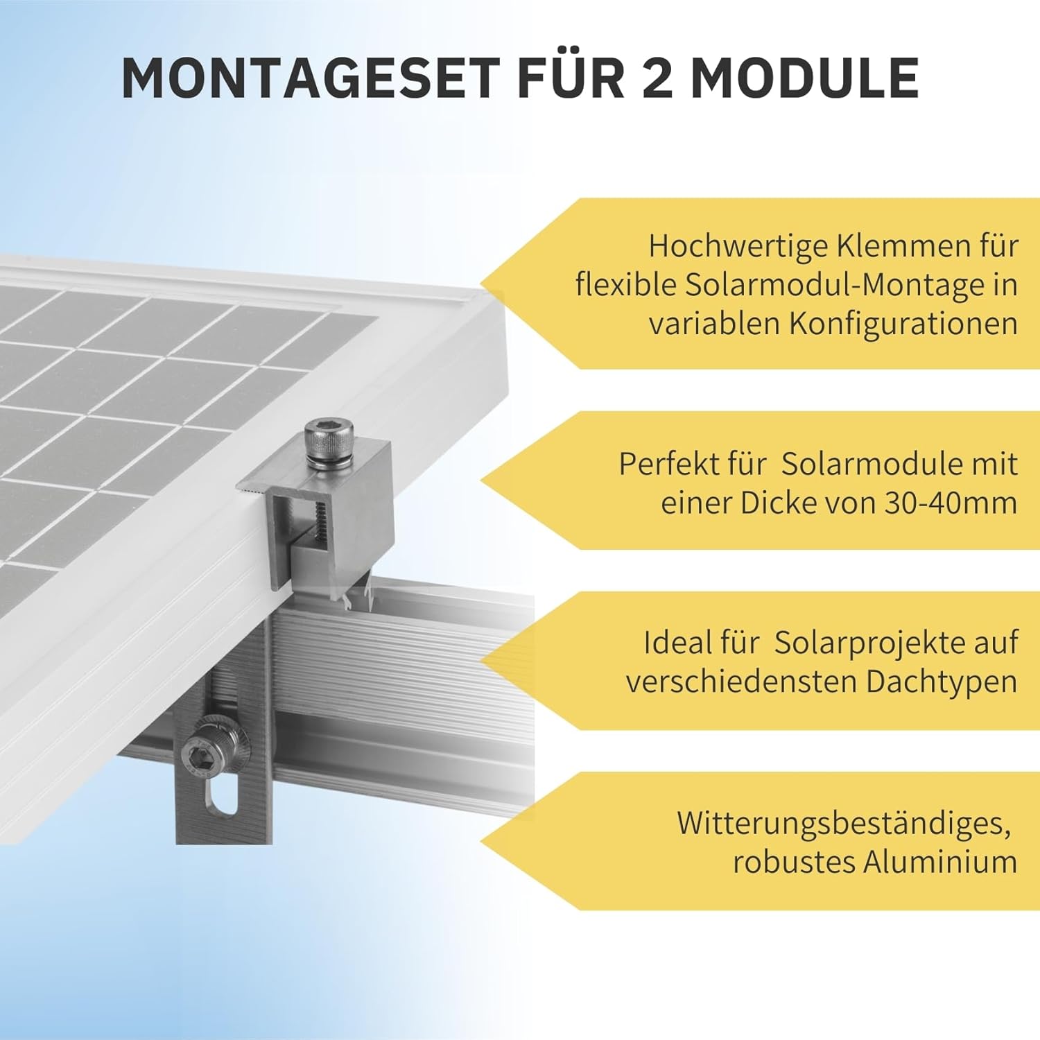 Solar Halterung Ziegeldach I Set für 2 PV Module 30-40mm I silber I Solarmodul Halterung Balkonkraftwerk I Solarmodulbefestigungsset für Ziegeldächer aus Edelstahl I PV-Halterung Montageset