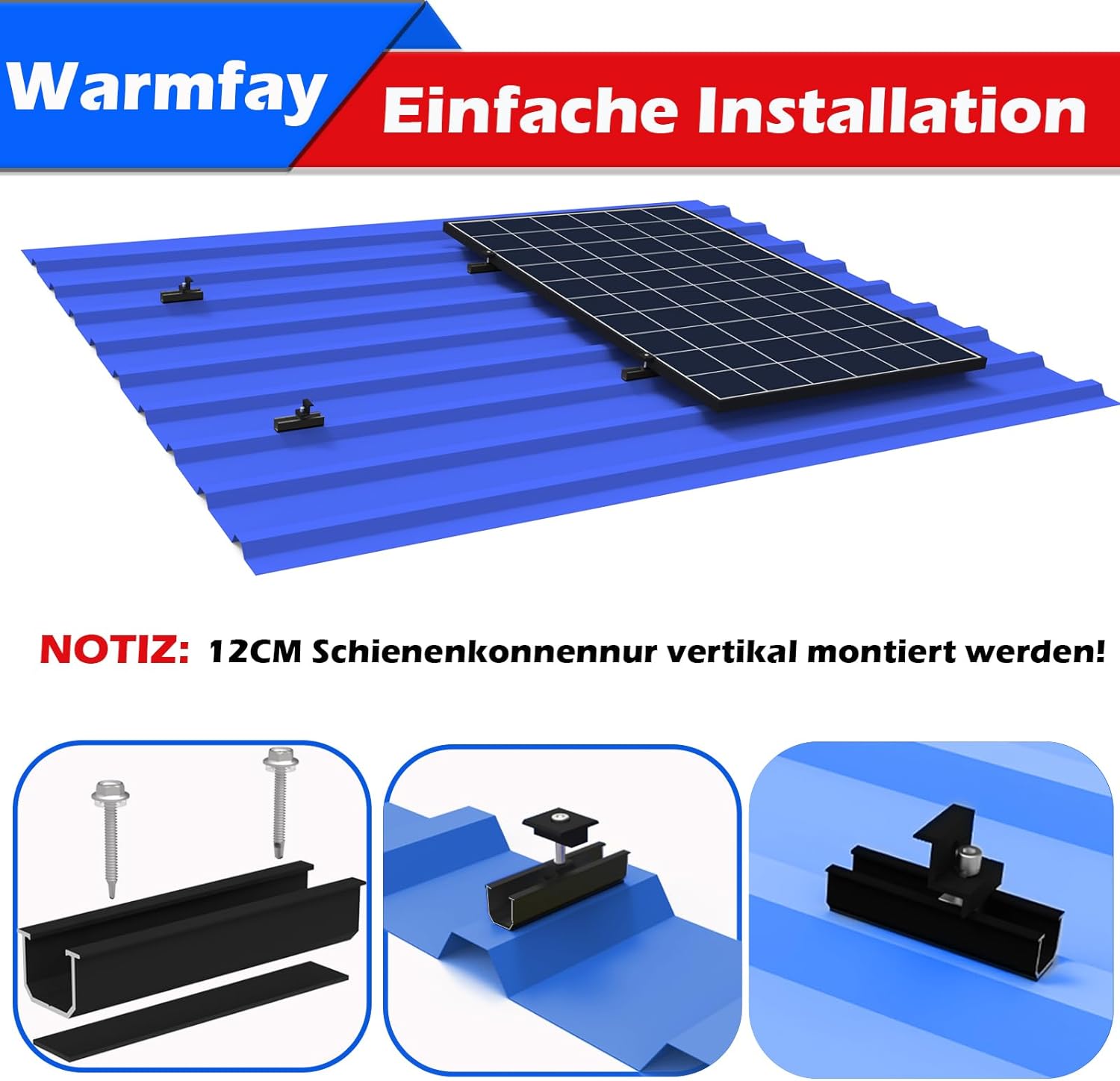 Solarmodul Halterung Montageset, Schwarzes 12CM Aluprofil und Verstellbare Klammern Befestigung für Solarmodul, Solarpanel Halterung 4 Modul 30-35MM für Flachdach Trapezblech Blechdach