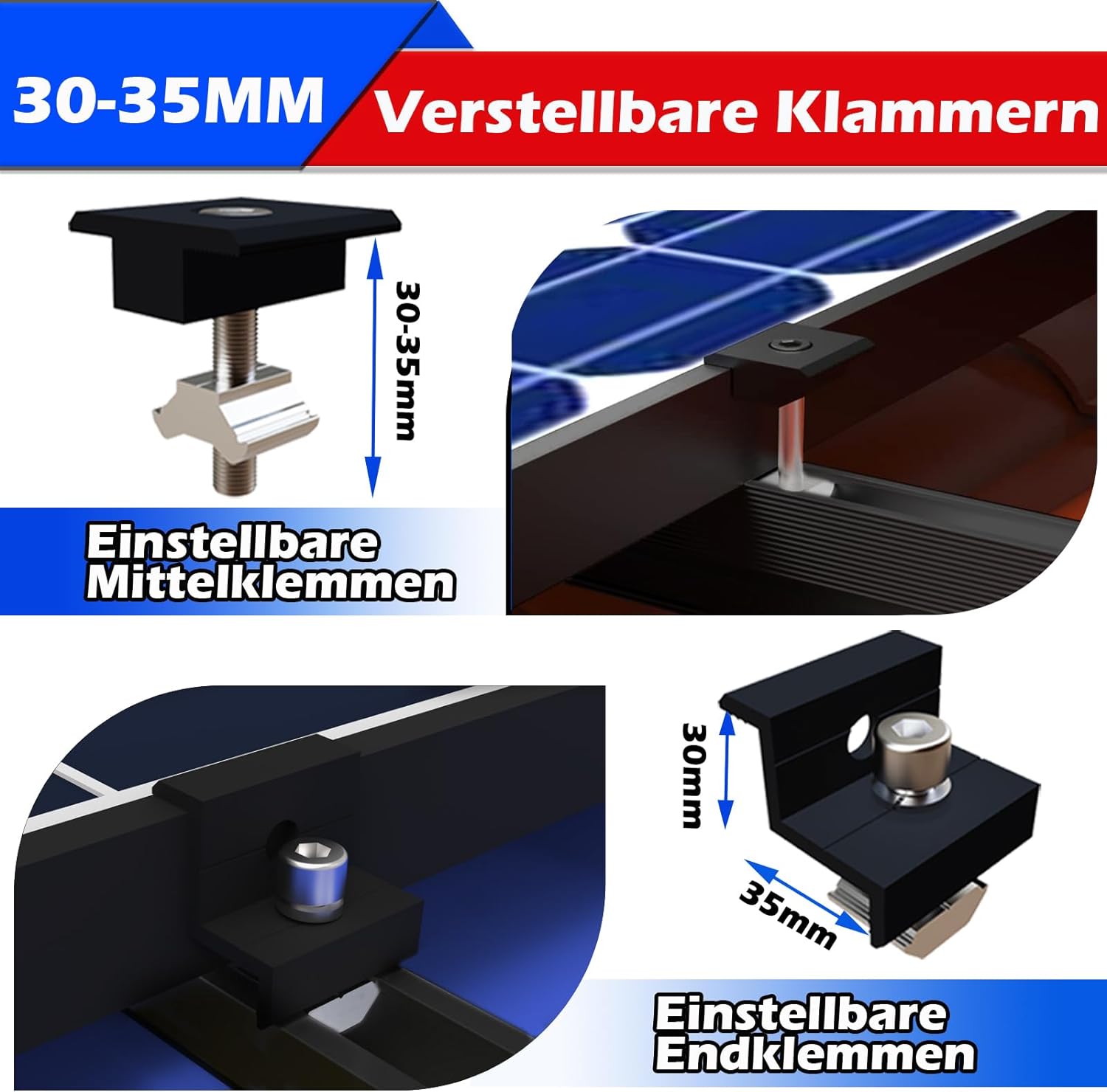Solarmodul Halterung Montageset, Schwarzes 12CM Aluprofil und Verstellbare Klammern Befestigung für Solarmodul, Solarpanel Halterung 1 Modul 30-35MM für Flachdach Trapezblech Blechdach