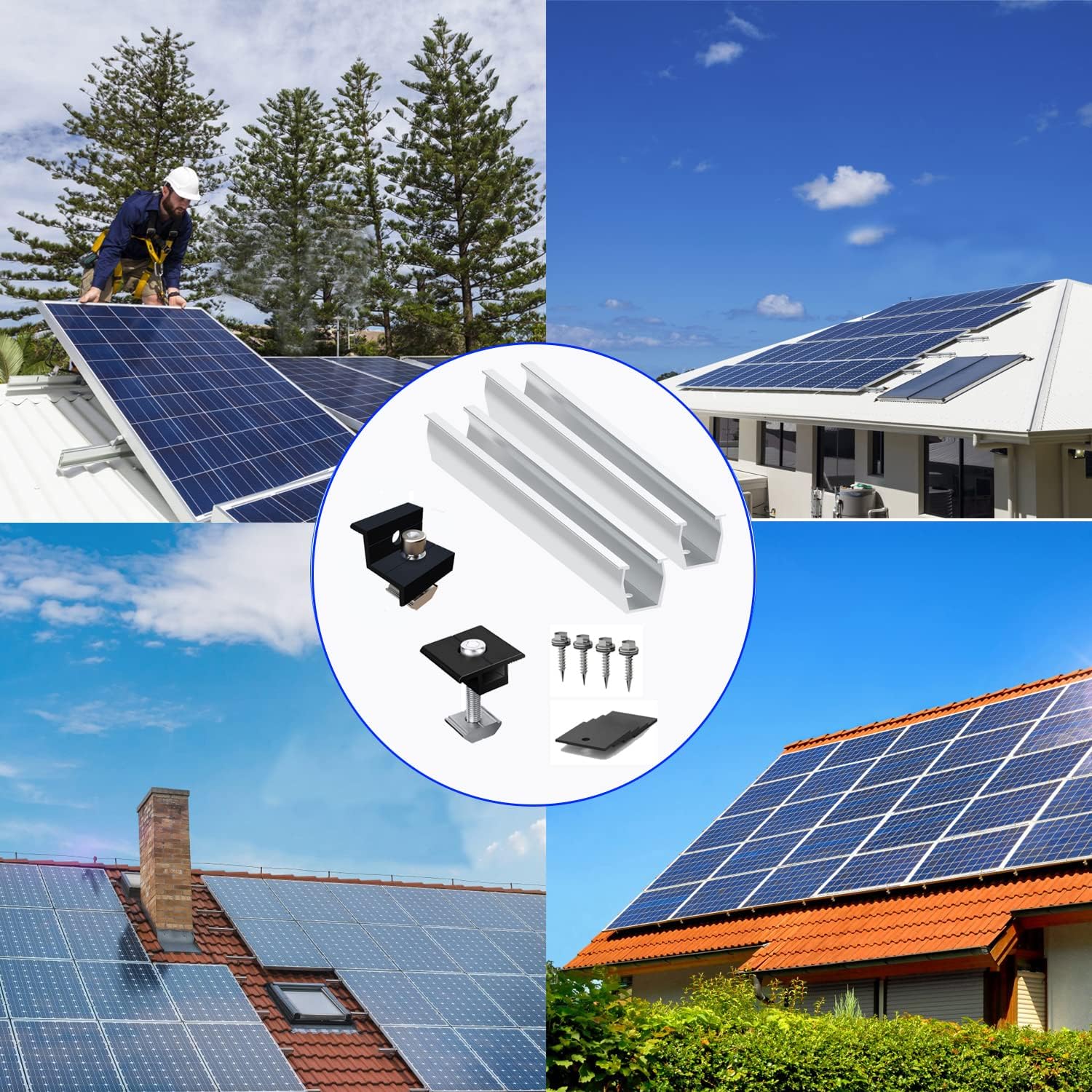 Solarmodul Halterung Flachdach, Alu Photovoltaik Montageschiene 12CM, Verstellbare Schwarz Klemme für 30-35MM Dicke Module, Solarpanel Halterung Montageset 4 Module Geeignet für Flachdach Trapezdach