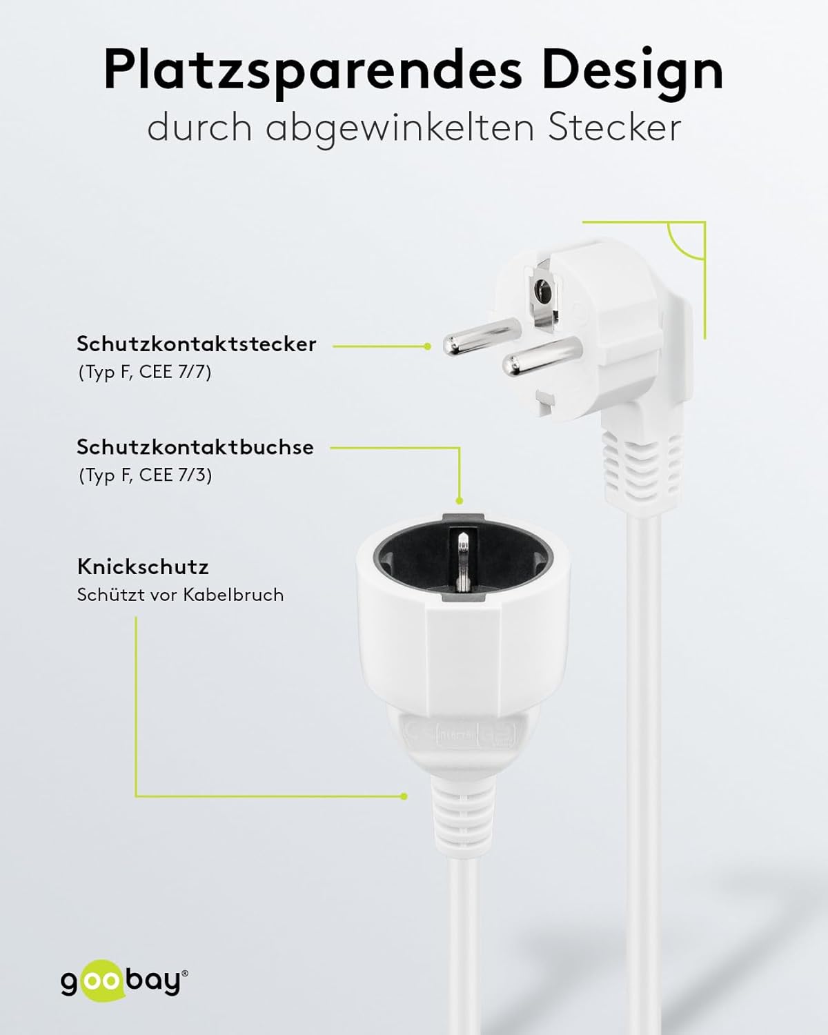 Goobay Gewinkeltes Strom Verlängerungskabel / Schutzkontakt Stecker 250V Schutzkontakt 5 Meter Stromkabel Verlängerung für Innenbereich / Weiß / 5m