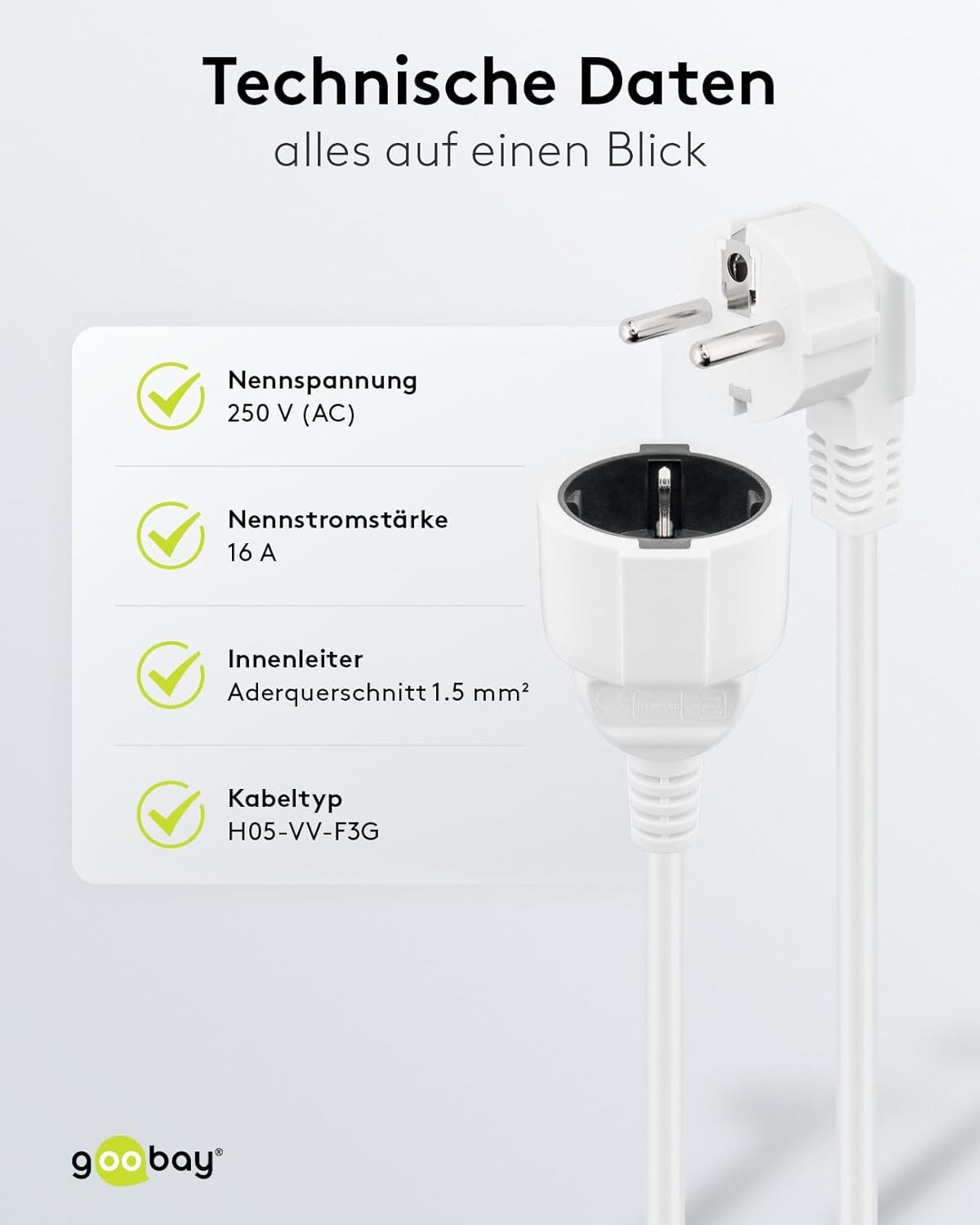 Goobay Gewinkeltes Strom Verlängerungskabel / Schutzkontakt Stecker 250V Schutzkontakt 10 Meter Stromkabel Verlängerung für Innenbereich / Weiß / 10m