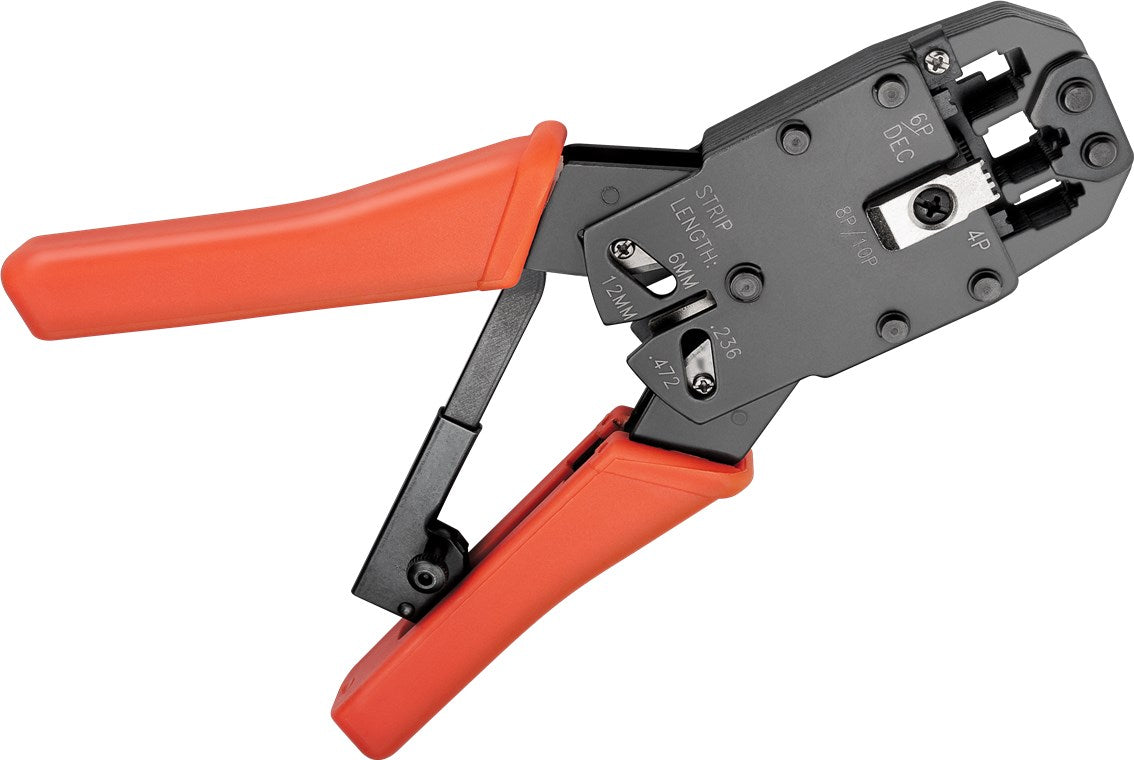 Crimpzange für Modularstecker RJ10, RJ11, RJ12, RJ45 inklusiv Kabelschneider und Abisolierer