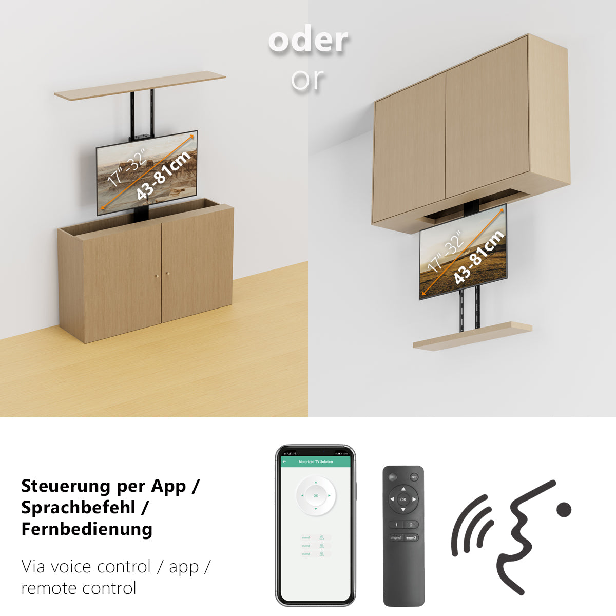 my wall TV Lift HP66L – Steuerung per Fernbedienung, App & Sprachbefehl (Alexa/Google), für 17"-32" (43-81 cm), Möbel- & Deckenmontage, bis 45 kg