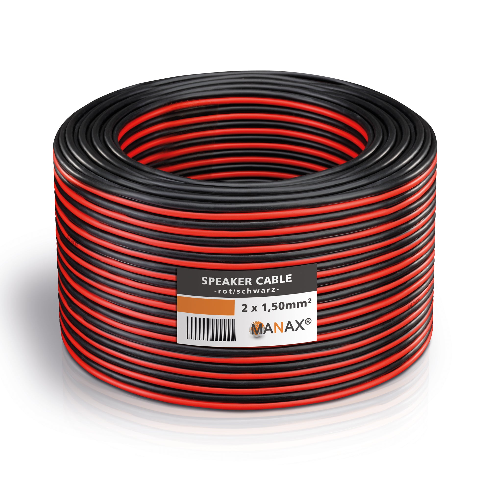 MANAX Lautsprecherkabel rot / schwarz 2x 1,50mm² – 20 Meter Ring | CCA-Kupfer Boxenkabel für klaren Sound bei HiFi, Heimkino und Car-HiFi mit Polaritätskennzeichnung